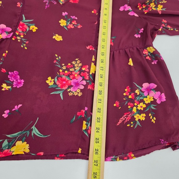 Old Navy Womens XXL Burgundy Floral Split Neck Sheer Blouse Long Sleeve Boho - Picture 11 of 12